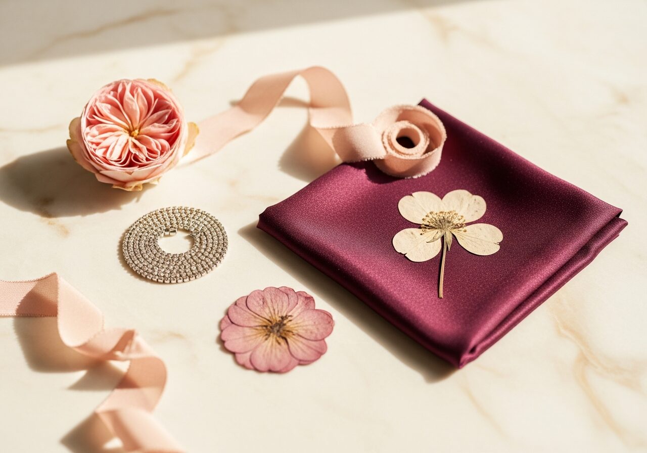 Still life editorial: joias, seda vinho e flor sobre mármore claro